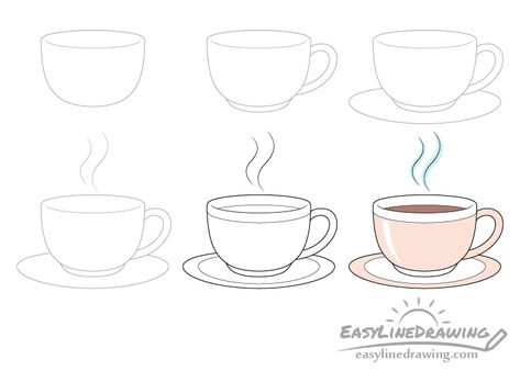 How to Draw a Coffee Cup Step by Step - EasyLineDrawing Draw A Coffee Cup, Drawing Cup, Coffee Cup Drawing, Tips For Drawing, Plate Drawing, Drawing Lessons For Kids, Drawing Step By Step, Coffee Drawing, Drawing Step