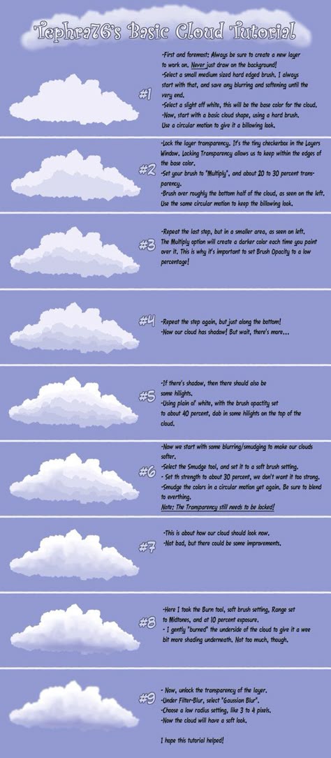 Yay another attempt Well I was chillin (taking a lil break drawing commish) and just randomly thought of making a tutorial D: So yea here it is.. Hope you'll find it helpful! ;3; Sorry it was kinda... Cloud Tutorial Drawing, Cloud Tutorial Painting, How To Paint A Cloud, How To Make Clouds Painting, Cloud Drawing Tutorial, Sky And Clouds Painting, Cloud Painting Tutorial, Break Drawing, How To Draw Clouds