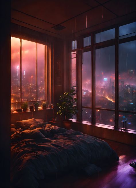 Download Free Mobile Phone Wallpaper Cozy Bedroom Bedroom Aesthetic Dark, Goth Bedroom, Moody Aesthetic, Dark Bedroom, City At Night, Cyberpunk City, Woman Bedroom, Sliding Doors Interior, Apartment Aesthetic