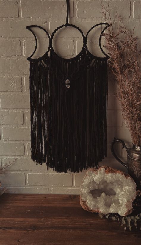 Black Triple Moon Wall Hanging adorned with a Clear Quartz Point in the middle Witchy Wall Hanging, Witchy Macrame, Crystal Wall Hanging, Moon Macrame, Buck Moon, Moon 2023, Maiden Mother And Crone, Macrame Creations, Goddess Symbol