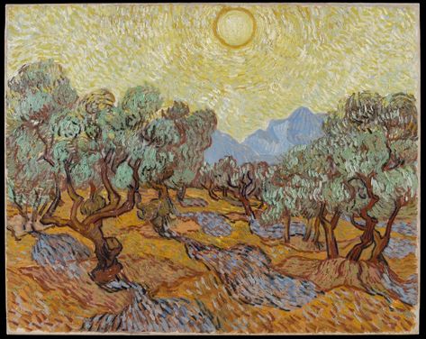 Vincent van Gogh (Dutch, 1853-1890), "Olive Trees," 1889, oil on canvas. The William Hood Dunwoody (Photo courtesy Minneapolis Institute of Art) Yellow Sky, Olive Trees, Vincent Van Gogh, Van Gogh, Oil Painting, Trees, Sun, Van, Yellow