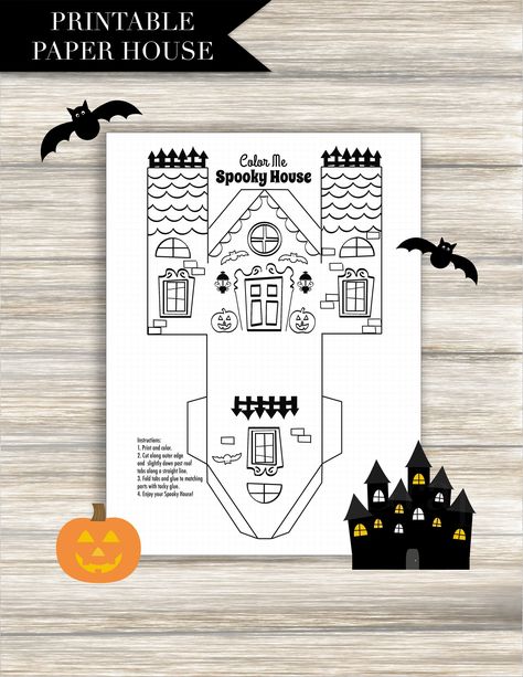 Kids Halloween House Printable: Halloween, paper house, spooky house, haunted house, coloring page, cut out, foldable, instant download Haunted House Coloring Page, Haunted House Coloring, Class Party Activities, Kids Halloween Activity, Coloring Halloween, House Printable, Halloween Paper Crafts, Casa Halloween, Fall Art Projects