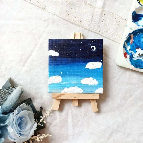 Painting Room Decor, Wooden Easel, Of Aesthetic, Mini Canvas, Photo Frame Wall, Acrylic On Canvas, Aesthetic Art, Canvas Size, Blue Sky