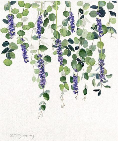 Flower Vines Painting, Flowers On Vines Painting, Watercolour Leaves, Learn Watercolor Painting, Learn Watercolor, Abstract Flower Art, Wall Painting Decor, Watercolor Projects, Leaf Drawing