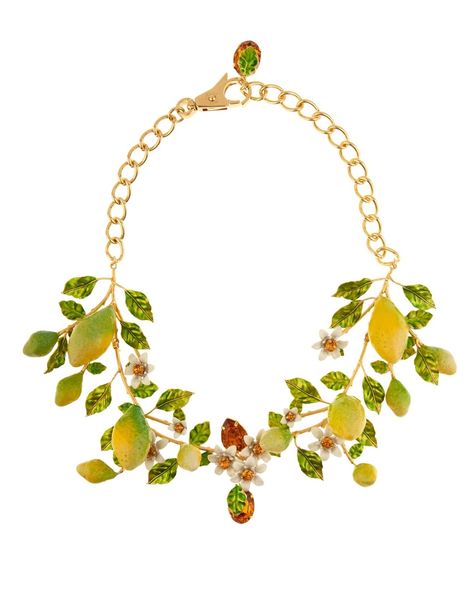 Dolce & Gabbana's gold-tone brass necklace will bring Sicilian-inspired glamour to the new season's feminine silhouettes. It's embellished with leaves and ripe lemons that hang from the delicate branches, and is accented in the centre with white flowers and amber Swarovski crystals. #jewellery #necklace #nature Yellow Flower Necklace, Dolce Gabbana Jewelry, Leaves Jewelry, Daisy Jewelry, Yellow Necklace, Yellow Jewelry, Swarovski Crystal Jewelry, Daisy Necklace, Swarovski Crystal Necklace