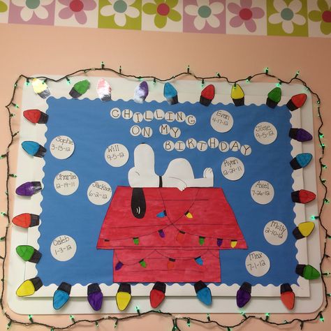 A snoopy birthday board Winter Birthday Boards Preschool, Winter Birthday Board Ideas, December Birthday Board Ideas, Christmas Birthday Board, Christmas Birthday Board Daycare, December Birthday Bulletin Board Ideas, Winter Birthday Board, Winter Birthday Bulletin Board Ideas, Snoopy Bulletin Board Ideas