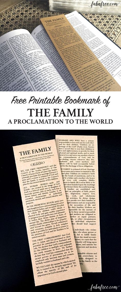 Free Printable Bookmark - The Family: A Proclamation to the World Free Family Printables, Family Proclamation, Proclamation To The World, Relief Society Lessons, Free Printable Bookmarks, Activity Day Girls, Lds Printables, Lds Scriptures, Quotes Family