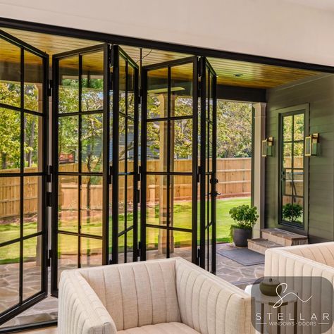 Accordion Folding Doors Patio, Exterior Accordion Doors, Accordion Patio Doors, Accordian Door, Accordion Folding Doors, Cabin Plan, Accordion Doors, Sunroom Designs, Entry Design