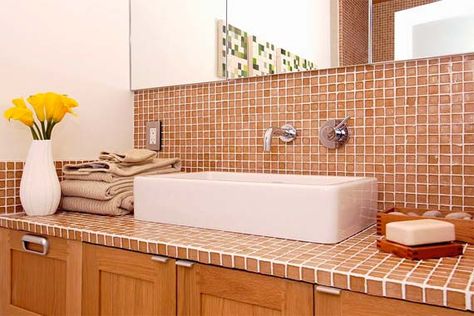 Glass Tiled Bathroom vanity - Google Search Glass Tile Bathroom, Recycled Glass Tile, Countertop Bathroom, Ceramic Tile Bathrooms, Tile Countertops, Bathroom Countertop, Bathroom Tile Designs, Vanity Countertop, Bathroom Top