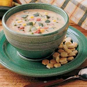 Zucchini Garden Chowder Recipe.  I just made this.  Did a chunky puree with my immersion blender and am going to use it as a base for winter chicken wild rice soup.  Great flavor, adding cooked wild rice and chicken should be delicious this winter--long after my zucchini coman has passed! Garden Chowder, Ham Chowder Recipe, Zucchini Chowder, Zucchini Garden, Ham Chowder, Cheesy Ham, Potato Chowder, Cooking Wild Rice, Chowder Recipe