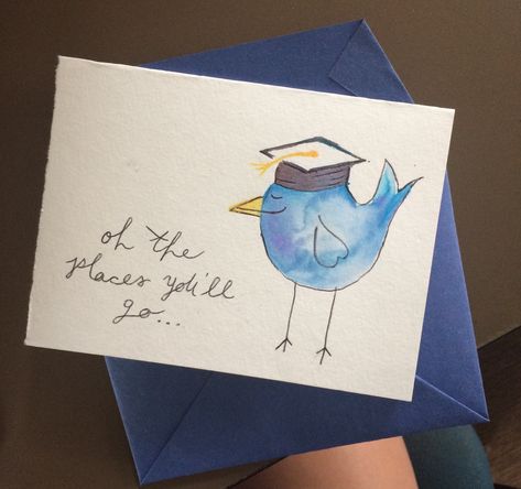 "Oh the places you'll go ..." homemade graduation greeting card. Bird with a cap, watercolor and pen Watercolor Graduation, Graduation Cards Handmade, Watercolour Cards, Grad Cards, Congrats Card, Karten Design, Envelope Art, 카드 디자인, Watercolor Greeting Cards