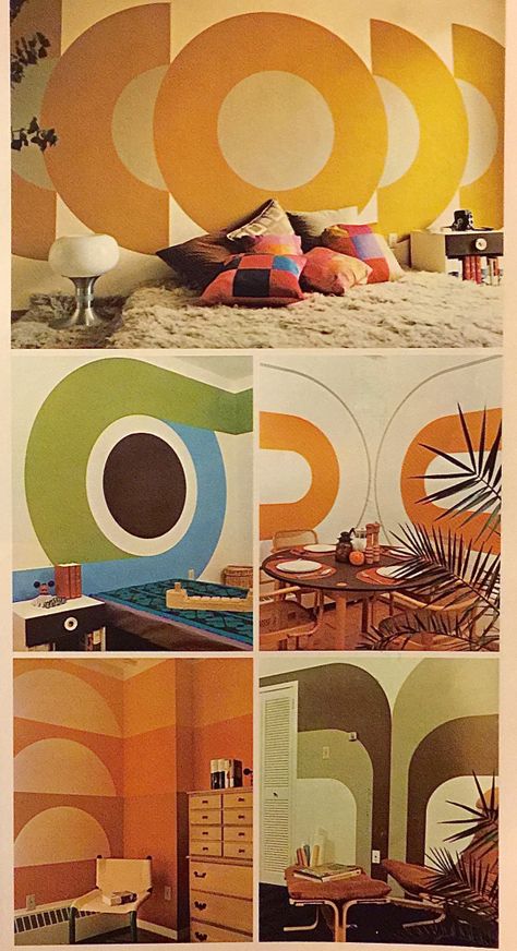 1974 Supergraphic System | Hepcats Haven Mid Century Living Room Wall Decor, 70s Design Interior, Mid Century Mural, 70s Mural, 70s Wall Mural, 1970s Interior, 70's Decor, 70s Interior Design, Walls Decor