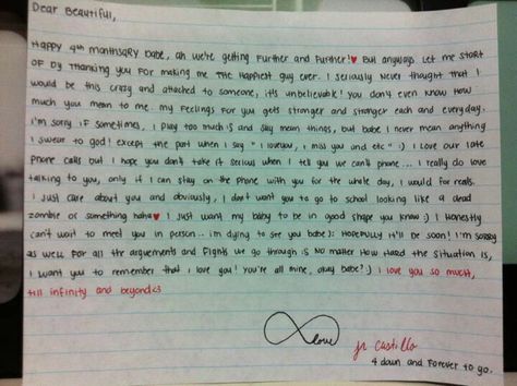 Long distance relationship... My best friend and her boyfriend have recently celebrated their 4 month anniversary. It's a long distance relationship that started through friends and texting. I've never seen two people so in love at such a short time at such a distance. This is the letter he wrote for her. I'm ALL for long distance relationships, and this was one of the sweetest things I'd seen in a LONG time. Love you, Laya and Jr! Anniversary Message To Boyfriend, Anniversary Letter To Boyfriend, Anniversary Message For Boyfriend, Letters To Your Boyfriend, Best Friend Letters, Love Letters To Your Boyfriend, Happy Birthday Boyfriend, Anniversary Quotes For Him, Long Distance Best Friend