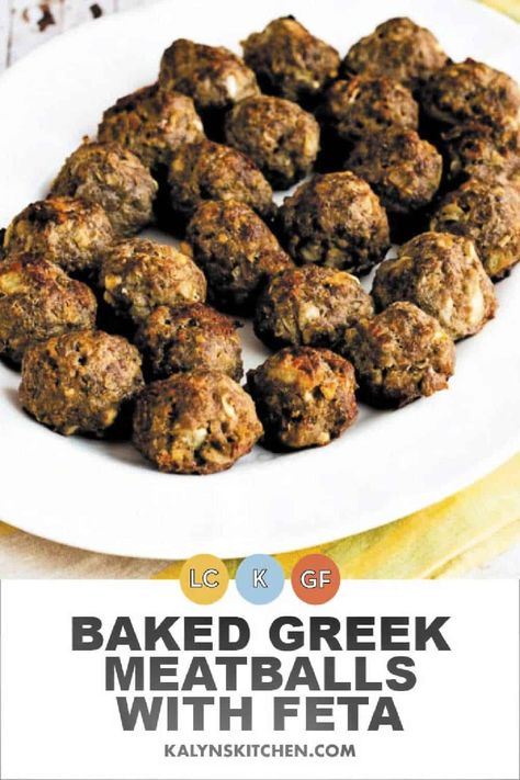 Pinterest Image Baked Greek Meatballs with Feta on serving platter on napkin. Baked Greek Meatballs, Feta Meatballs, Keto Greek, Crockpot Roast Recipes, Greek Meatballs, Organic Meat, Greek Seasoning, Crockpot Roast, Greek Flavors