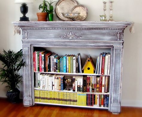 Bookshelves in faux fireplace. Chic Fireplace, Faux Fireplace Mantel, Fireplace Bookshelf, Bookshelf Fireplace, Luxury Bedroom Sets, Library Chic, Country Fireplace, Coastal Industrial, Slate Fireplace