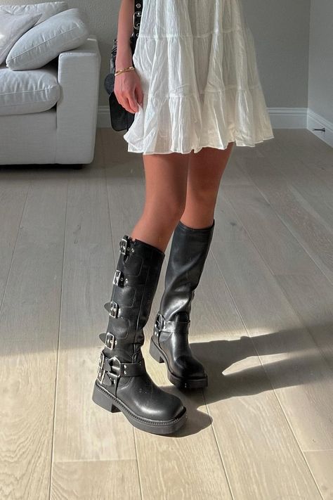 Dress With Biker Boots, Biker Shoes Women Outfit, Mui Mui Boots Outfit, White Biker Boots, Tall Boots Outfit Midsize, Knee High Buckle Boots, Biker Boots Aesthetic, Rocky Boots Outfit, Styling Biker Boots