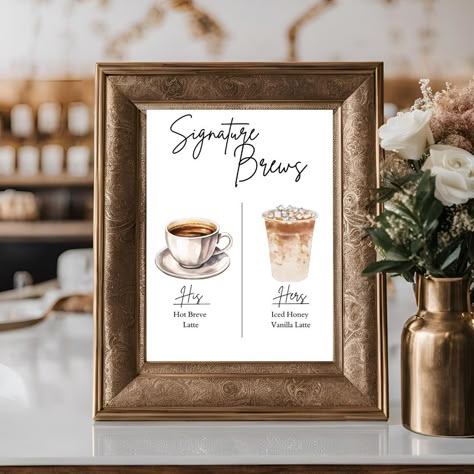 Rendez votre café-bar de mariage ou d'événement encore plus spécial avec cette charmante plaque « Signature Brews » représentant les cafés « His and Hers » préférés ! Que vous prépariez un latte chaud ou un latte glacé, ce panneau élégant et élégant ajoutera une touche unique à votre station de café. Parfait pour les mariages, les enterrements de vie de jeune fille, les fiançailles ou tout autre événement où les amateurs de café se réunissent ! Téléchargement instantané et modifiable : aucun produit physique ne sera expédié. Après l'achat, vous recevrez un lien de téléchargement instantané qui vous permettra de personnaliser votre propre impression à imprimer chez vous ou dans votre imprimerie préférée. Vous pouvez facilement modifier le modèle pour y inclure vos propres choix et descripti Coffee Station Wedding Receptions, Lunch Time Wedding, Wedding Coffee And Tea Bar, Signature Coffee Drinks Wedding, Coffee Bar Ideas Party Events, Engagement Party Coffee Bar, Iced Coffee Bar Wedding Reception, Ice Coffee Bar Wedding, Coffee Shop Wedding Reception