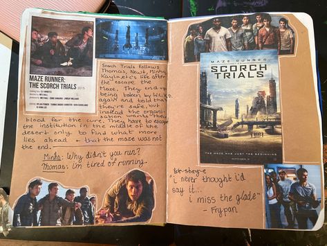 This is my film/tv journal spread on The Maze Runner Scorch Trials Maze Runner Journal, The Maze Runner Scorch Trials, The Scorch Trials Book, Maze Runner Scorch Trials, Tv Journal, Scorch Trials, Maze Runner The Scorch, Film Journal, The Scorch