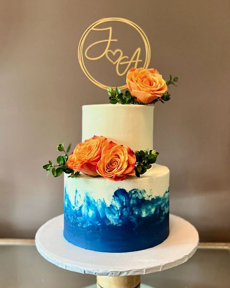 These colors! Navy blues, burnt orange and Tuscan yellow…an Autumn beauty . . . #newjerseywedding #newjerseybride #njbride #njbridetobe #njcakes #njwedding #theknotnj #nycwedding #nycweddingplanner #indianweddingcake #engagementcake #njcakedesigner #njcake #metuchennj #summitnj #madisonnj #luxurycakes #customcakes #egglesscakenj Orange Navy Wedding, Blue And Orange Cake, Navy Wedding Cake, Orange Cakes, Wedding Cake Navy, 50th Bday, Indian Wedding Cakes, Engagement Cakes, Bday Cake