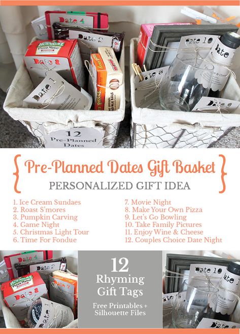 Give the gift of pre-planned dates - Small Stuff Counts Date Night Basket, Diy Gift Basket, Wedding Planning Gifts, Date Night Gifts, Boyfriend Gift Basket, Couple Presents, A Gift Basket, Free Printable Gift Tags, Diy Gift Baskets