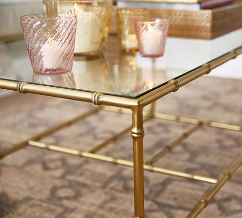 Leo Rectangular Coffee Table #potterybarn Glass And Brass Coffee Table, Brass Glass Coffee Table, Brass Coffee Table Living Room, Coffee Table Pottery Barn, Square Glass Coffee Table, Bamboo Coffee Table, Gold Coffee Table, Apartment Makeover, Coffee Table Rectangle