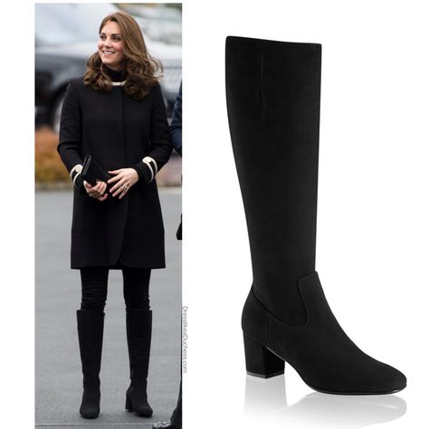 Kate Middleton's 15 Pairs of Stylish Knee High Boots - Dress Like A Duchess Kate Middleton Knee High Boots, Kate Middleton Boots Outfit, Black Suede Knee High Boots Outfit, Outfits With Knee High Boots Black, Knee High Boots Dress Outfit, Black Boots Outfit Knee High, Black Knee High Boots Outfit Winter, Rider Boots Outfit, Kate Middleton Boots