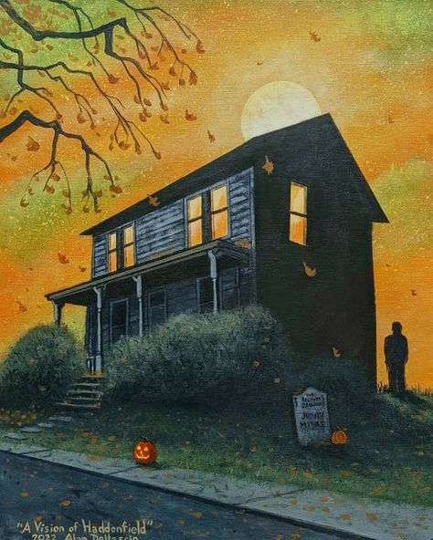 Alan Dellascio on Instagram: "I painted another version of the Myers House for @sugarmyntgallery for the Welcome to Haddonfield 8 show! "A Vision of Haddonfield" 11x14 acrylic on canvas board. Original painting PLUS prints will be available through the gallery.... check them out for availability. The show runs through Oct 31st. It's the coolest art gallery... located next to the original Myers house in South Pasadena. Tons of great Halloween art to be seen, by some of the best artists out there Spooky House Painting, Myers House, Halloween Art Projects, Halloween Pics, Creepy Movies, Dark Fantasy Artwork, Halloween Facts, Halloween Horror Movies, Halloween 3