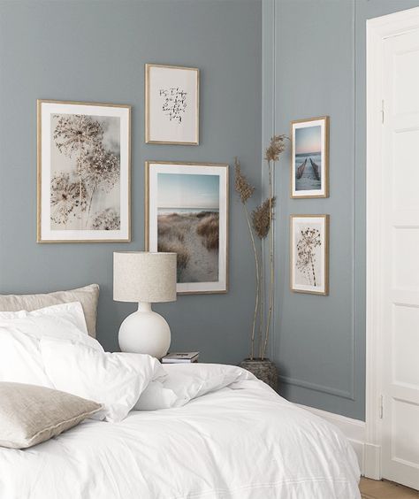 Sea Flowers gallery wall - Calm ocean breeze - desenio.co.uk Blue Bedroom Walls, Design Ložnic, Sea Flowers, Gallery Wall Bedroom, Beige Bedroom, Blue Bedroom, Inspiration Wall, Sunset Beach, Blue Walls