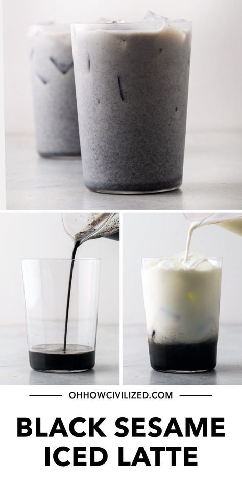 Black Sesame Smoothie, Black Sesame Coffee, Black Sesame Syrup, Black Sesame Drink, Black Sesame Cocktail, Black Sesame Latte, Coffee Mocktail Recipe, Black Sesame Recipes, Latte Flavor Ideas