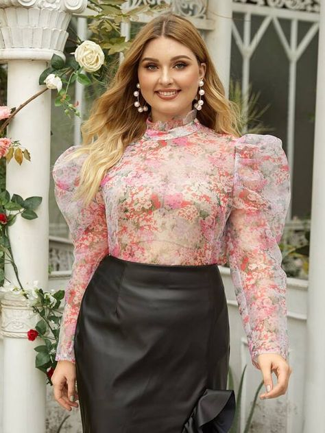 Plus Frilled Neck Gigot Sleeve Floral Organza Sheer Top for Sale Australia| New Collection Online| SHEIN Australia Organza Tops, Gigot Sleeve, Blouse Designs High Neck, New Saree Blouse Designs, Organza Top, Stylish Short Dresses, Fashion Top Outfits, Fashion Tops Blouse, Saree Blouse Designs Latest