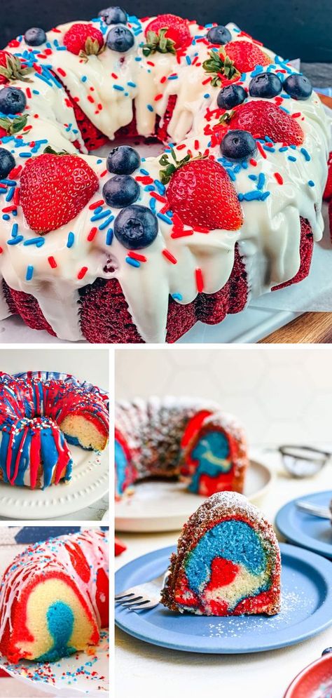 Elevate your 4th of July celebration with these classic red, white, and blue swirled Bundt cake recipes that are sure to impress your guests!  These patriotic desserts aren't just delicious, they're also stunning centerpieces that capture the spirit of Independence Day. Fourth Of July Bundt Cake, Red White And Blue Bundt Cake, Red White And Blue Cake Ideas, Red White And Blue Cakes, July 4th Cakes, 4th Of July Bundt Cake, Patriotic Bundt Cake, 4th Of July Cakes, Bundy Cake