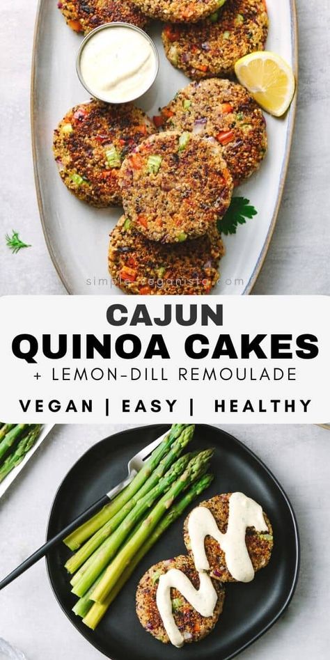 Cajun Quinoa Cakes features crispy, veggie filled quinoa patties topped with a spicy lemon-dill remoulade and make a fantastic meatless meal that even meat eaters will love! #quinoa #plantbased #healthyrecipes Cajun Quinoa, Vegan Fritters, Quinoa Cakes, Vegan Cajun, Quinoa Patties, Quinoa Recipes Easy, Clean Eating Vegetarian Recipes, Quinoa Cake, Crispy Quinoa