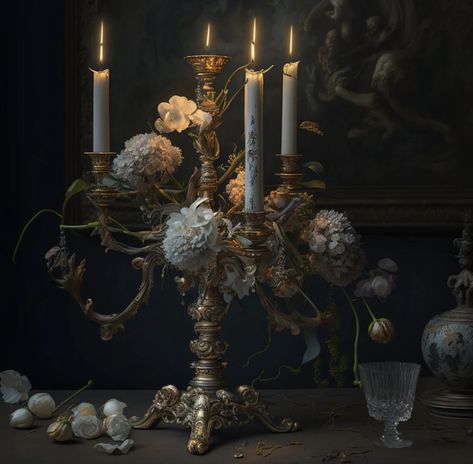 Fantasy Candle Art, Dark Rococo Aesthetic, Candelabra Aesthetic, Candles Aesthetic Dark, Fantasy Candles, Burning Castle, Royal Candles, Moody Art, Candles Photography