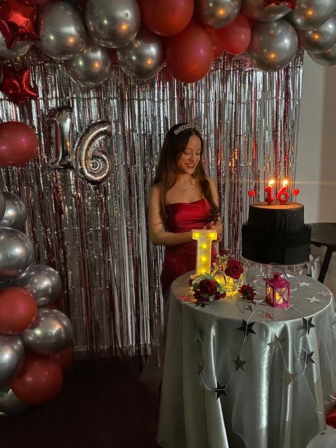 Birthday Red Theme Decoration, Red Theme Decorations, Red Birthday Decoration Ideas, Red And Silver Party Decor, Dark Red Birthday Theme, Red 18th Birthday Party, Sweet 16 Red Theme, Red Theme Birthday Party Decor, Red Birthday Theme