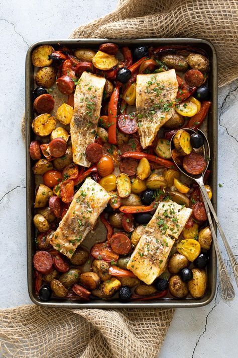 Cod Tray Bake Recipes, Cod With Chorizo, Fish And Sausage Recipes, Cod And Chorizo, Fish And Chorizo Recipes, Cod Tray Bake, Fish Tray Bake Recipes, Cod And Chorizo Recipes, Tray Bakes Dinner