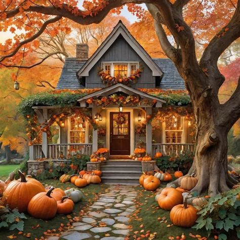 Cozy autumn cottage with pumpkins, leaves, and a welcoming porch. Small Cozy Cottage, Autumn Cottage, Fall House, Fall Stickers, Autumn Breeze, Fall Outdoor Decor, Brown And Orange, Autumn Stickers, Autumn Days