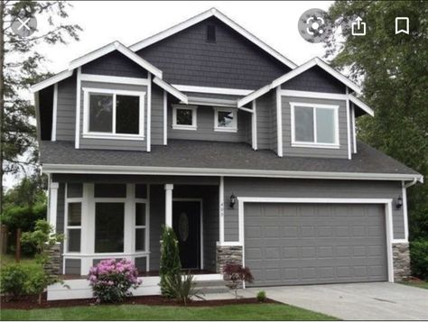 Gray House With White Trim, House With White Trim, Grey Brick Houses, Dark Grey Houses, Grey Exterior House Colors, Exterior Paint Schemes, Gray House Exterior, Best Exterior Paint, House Paint Color Combination