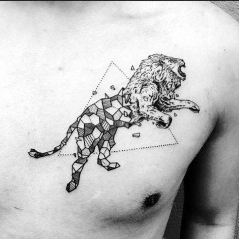 Artistic Male Geometric Jumping Lion Chest Tattoo Ideas Lion Chest Tattoo, Tato Geometris, Font Tato, Leo Zodiac Tattoos, Tato Tradisional, Geometric Lion Tattoo, Leo Tattoo Designs, Tattoo Ideas Males, Tato Dada