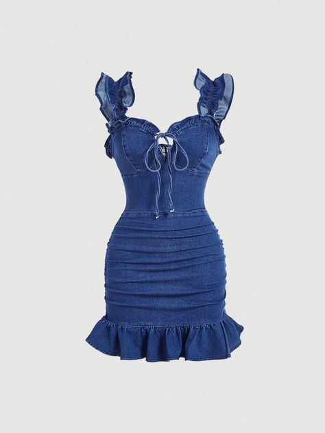 SHEIN MOD Women's Summer Fashionable Ruffle Hemline Bodycon Denim DressI discovered amazing products on SHEIN.com, come check them out! Jeans Gown, Fitted Denim Dress, Rodeo Dress, Bubu Gown Styles, Chic Dress Classy, Womens Denim Dress, Spring Forward, Kids Sleepwear, Elegant Outfit