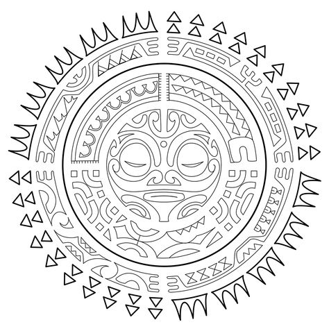 Polynesian Tattoo : The sun - The sun is a universal symbol of eternity and life. In Polynesian cultures it is also regarded as a symbol of health, welfare, success, joy, purity, and fertility. It’s considered a male symbol, associated with fire. The rising sun symbolizes a fresh start, new life, and growth, while the setting sun can be a symbol of rest and peace, with the continuous cycle of day and night symbolizing eternity. The sun in this tattoo is a symbol of protection, like the guardian Maori Sun Tattoo Design, Polynesian Sun Tattoo, Male Symbol, Tattoo Sonne, Sun Coloring Pages, Aztec Sun, Polynesian Tattoos, Elephant Coloring Page, Tattoo Symbols