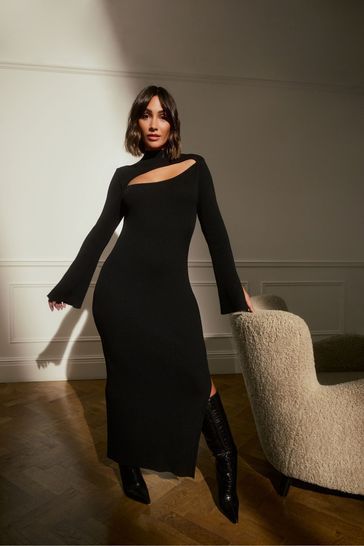 High Neck Open Chest Dress, Long Boots Outfit Dress, Open Chest Dress, Long Boots Outfit, Davina Mccall, Michael Douglas, Book Launch, Knit Midi, Knit Midi Dress