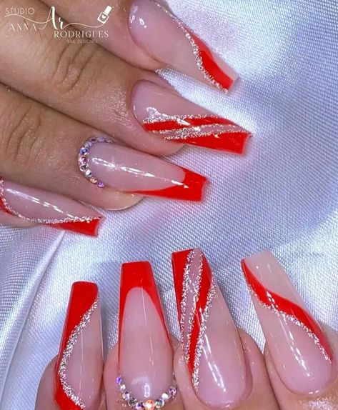 Red Silver White Nails, Red White Nail Designs, Red And Silver Homecoming Nails, Red And Silver Nails Acrylic, Red White Silver Nails, Red And Silver Nails For Prom, Nail Ideas Red And White, White And Red Nails Ideas, Silver And Red Nails