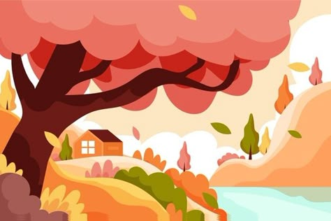 Procreate References, Power Point Background, Postcard Painting, Autumn Vector, 2d Background, Autumn Cartoon, Illustrator Ideas, Cartoon Landscape, Landscape Wallpapers