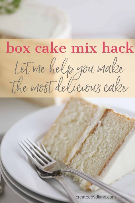 box cake mix hack, white cake with sour cream frosting 2 layer createdbydiane.com Cake 2 Layer, White Almond Sour Cream Cake, Almond Sour Cream Cake, Moist White Cake, Sour Cream Frosting, Boxed Cake Mixes Recipes, White Cake Recipe, Sour Cream Cake, Box Cake Mix