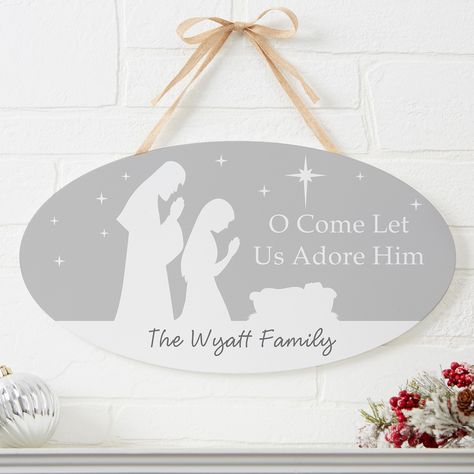 22083 - Let Us Adore Him Personalized Oval Wood Sign Personalized Christmas Signs, Unique Stockings, Religious Ornaments, Personalized Wall Decor, Winter Signs, O Holy Night, Christmas Stockings Personalized, Christmas Sign, Christmas Makes