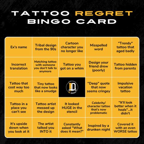 How many squares have YOU filled on Tattoo Regret Bingo? 😂 Don't lie, we all have at least one! 
Learn how to prevent tattoo regret - this article is filled with tips. https://www.inkdefensetattoo.com/blogs/tattoo-care/tips-to-help-get-a-tattoo-you-wont-regret
 #bingo #tattooregret #tatts #scores #score Tattoo Regret, No Regrets Tattoo, On Tattoo, Tattoo Care, Get A Tattoo, Tattoo You, Care Tips, Bingo, Trivia