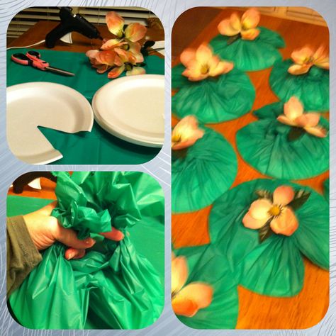 Lily Pads - DIY only 5 items. Scissors, 8 foam plates, glue gun, 1 green plastic tablecloth, 8 flowers (1stem/bunch) cut from stem. 1) cut wedge from plates 2) cut tablecloth into 8 pieces evenly, 3) place plate upside down 4) press plastic into wedge and then twist the plastic into two parts and tie into loose knot 5) hot glue flower into middle of knotted area. Perfect to float in pool, place in middle of table for place setting, and use for VBS decor or Little Mermaid party. Diy Lily Pad Decorations, Lily Pad Party Decorations, Diy Lily Pad, Jungle Vbs Decorations, Trees Backdrop, Vbs Jungle, Weird Animals Vbs, Jungle Trees, Princesa Tiana