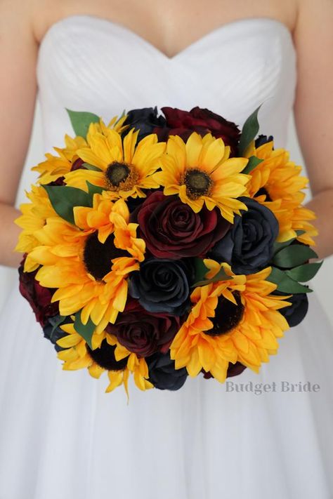 Sunflower Wedding Brides bouquet perfect for rustic weddings, barn wedding, backyard simple wedding Black And Red Roses With Sunflowers, Ivory Rose Bouquet, Rustic Sunflower Wedding, Sunflowers And Roses, Sunflower Wedding Bouquet, Sunflower Themed Wedding, Rustic Wedding Bouquet, Brides Bouquet, Sunflower Bouquets