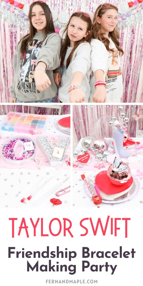 Craft unique bracelets inspired by Taylor Swift's music and celebrate the power of friendship at a Friendship Bracelet Making Party! Perfect for Valentine's or Galentine's Day celebrations with friends! Get details now at www.fernandmaple.com. Bracelet Station Party, Friendship Bracelet Station Party, Bracelet Party Ideas, Bracelet Making Party Ideas, Friendship Bracelet Station, Friendship Bracelet Birthday Party, Friendship Bracelet Party, Taylor Swift Birthday Party Ideas Kids, Taylor Swift Activities