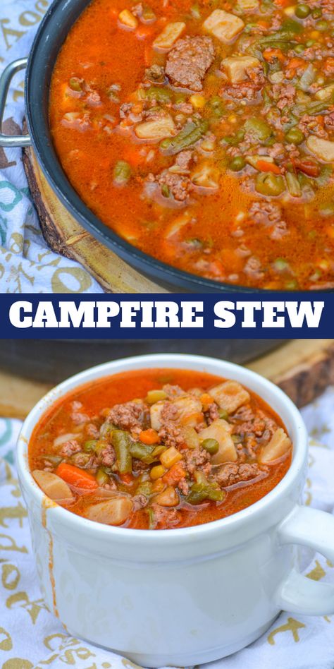 Stew is good, it's comforting, and evokes such great wonderful feelings- it doesn't have to be hard to whip together though, even on a camping trip. With three different preparation methods, this 4 ingredient Campfire Stew is a cozy, hearty (quick and easy) beef & vegetable stew, with options! via @4sonrus Camp Stew Recipe, Camp Stew, Beef Vegetable Stew, Campfire Stew, Chicken Tikka Masala Recipes, Ground Beef And Potatoes, Camping Dinners, Dutch Oven Cooking, Easy Camping Meals